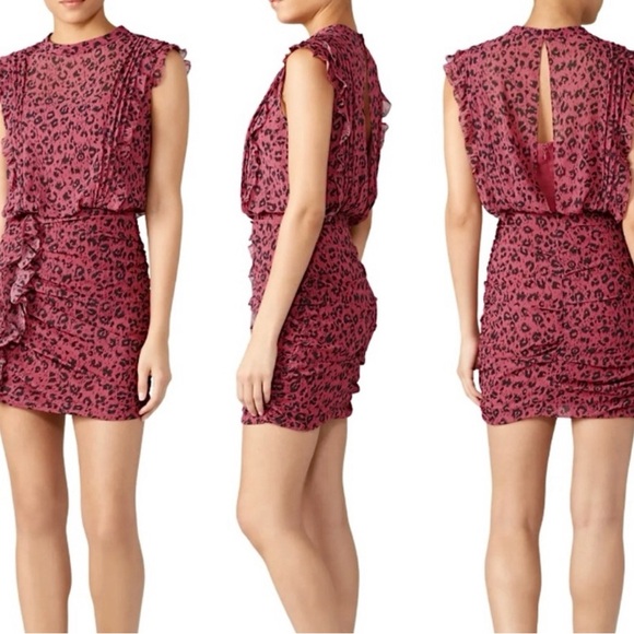 All Saints Pink Leopard Assymetrical Ruffle Dress US 4 - Picture 2 of 13